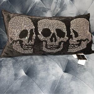 Magaschoni Rhinestone Skull Black Velvet Throw Pillow Halloween